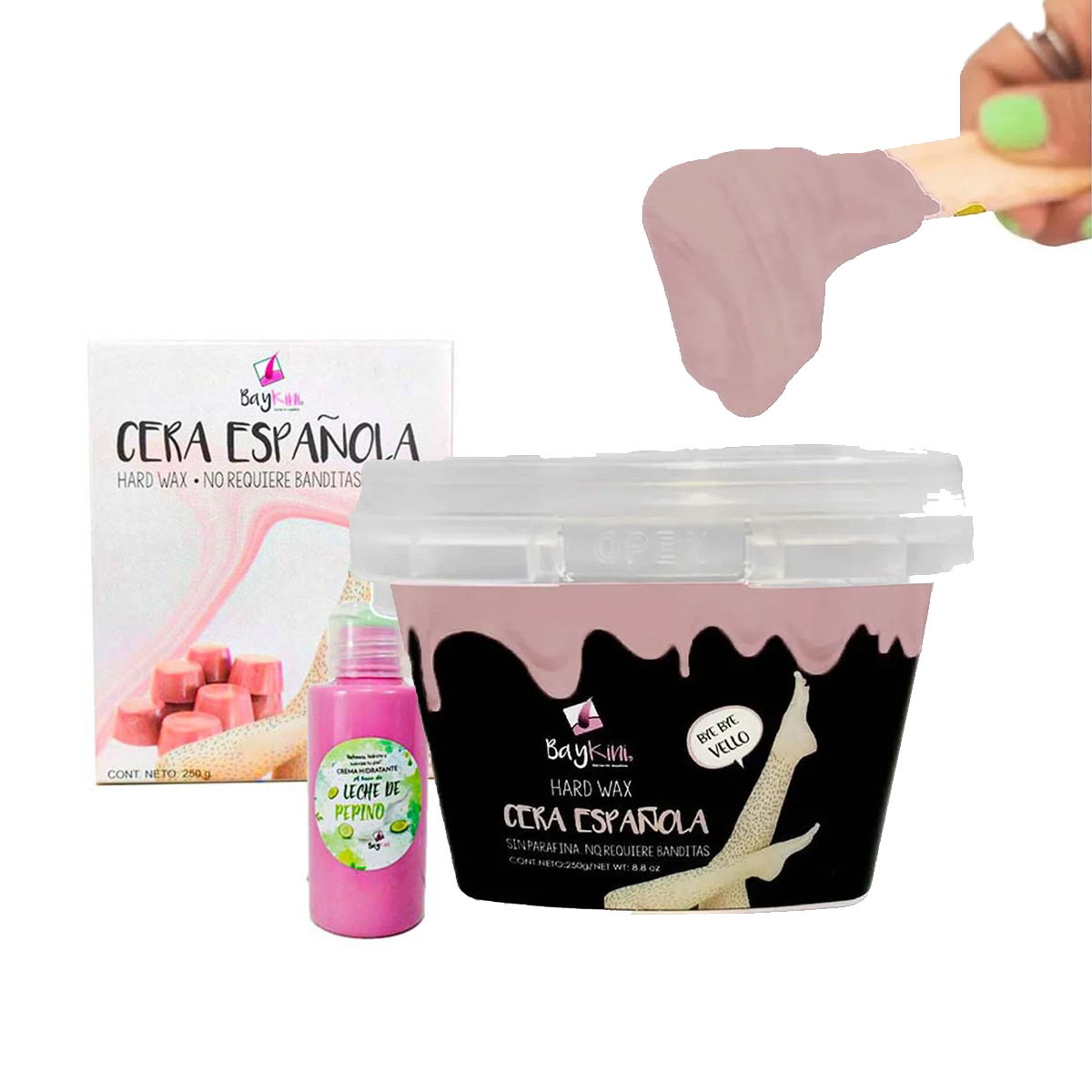 Kit de Cera Española Baykini Tarro Rosas 250gr + Locion + 250gr Cera