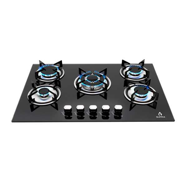 Parrilla de gas empotrable de 76cm con 5 quemadores SUPRA BRIONI cubierta de cristal templado negro
