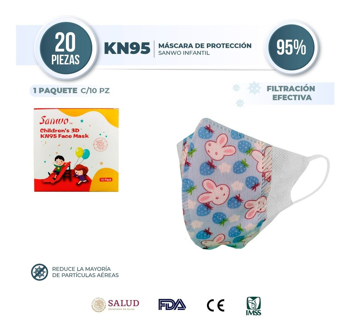 Cubrebocas KN95 3D infantil Sanwo de Conejitos sin válvula 20 Piezas