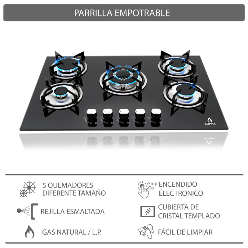 Parrilla de gas empotrable de 76cm con 5 quemadores SUPRA BRIONI cubierta de cristal templado negro