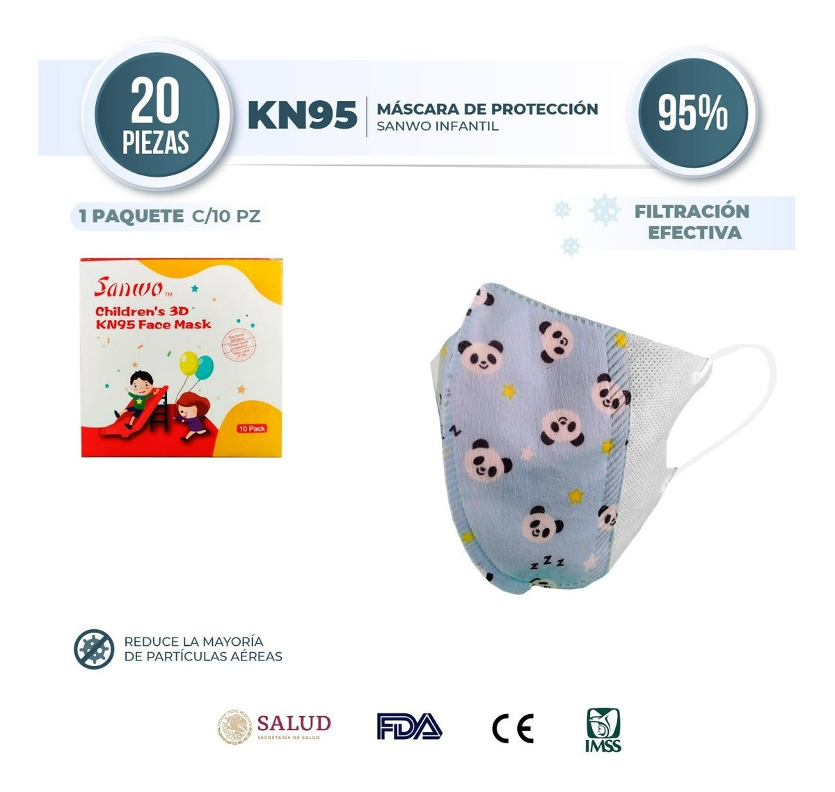 Cubrebocas KN95 3D infantil Sanwo de Pandas sin válvula 20 Piezas