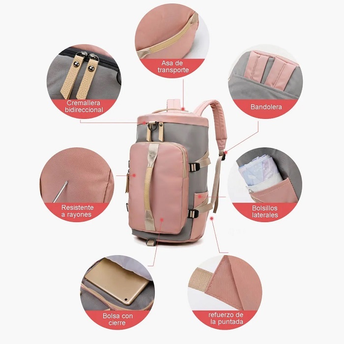 Mochila Informal De Moda Maleta Deportiva Rosa Con Gris