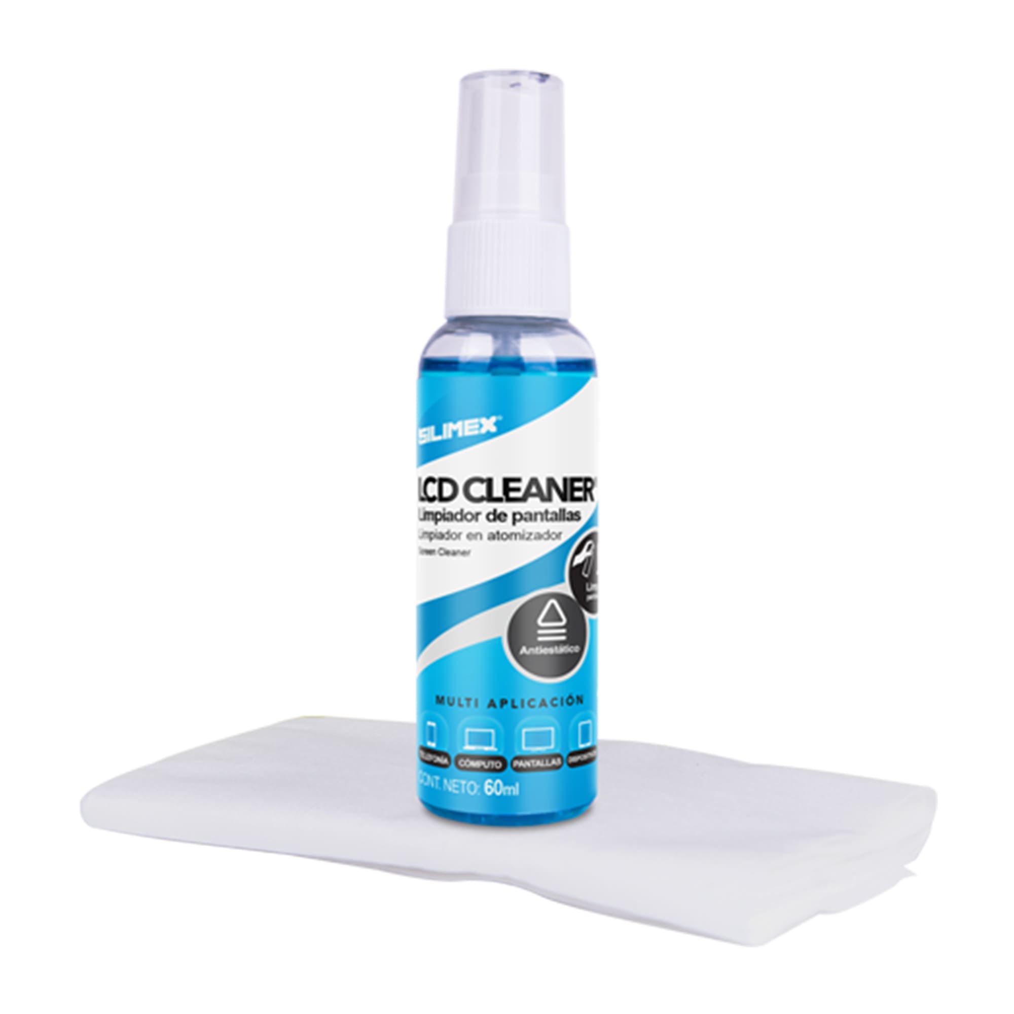 Kit para Limpieza de Pantallas, Silimex LCD Cleaner de 60 ML con Microfibra, caja con 12 piezas.