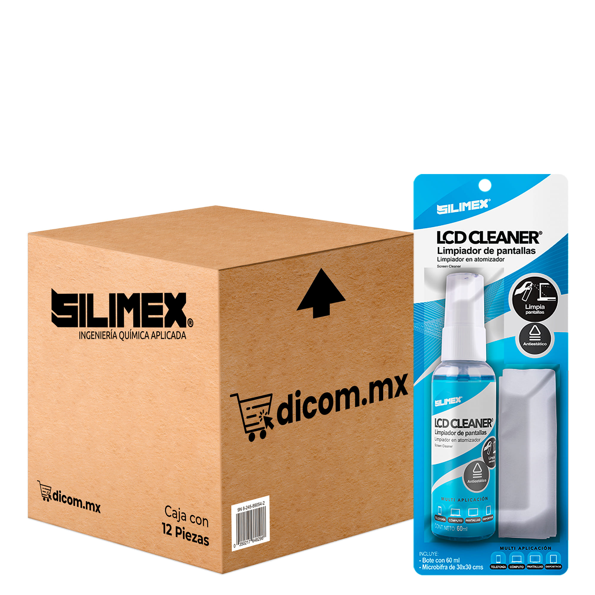 Kit para Limpieza de Pantallas, Silimex LCD Cleaner de 60 ML con Microfibra, caja con 12 piezas.