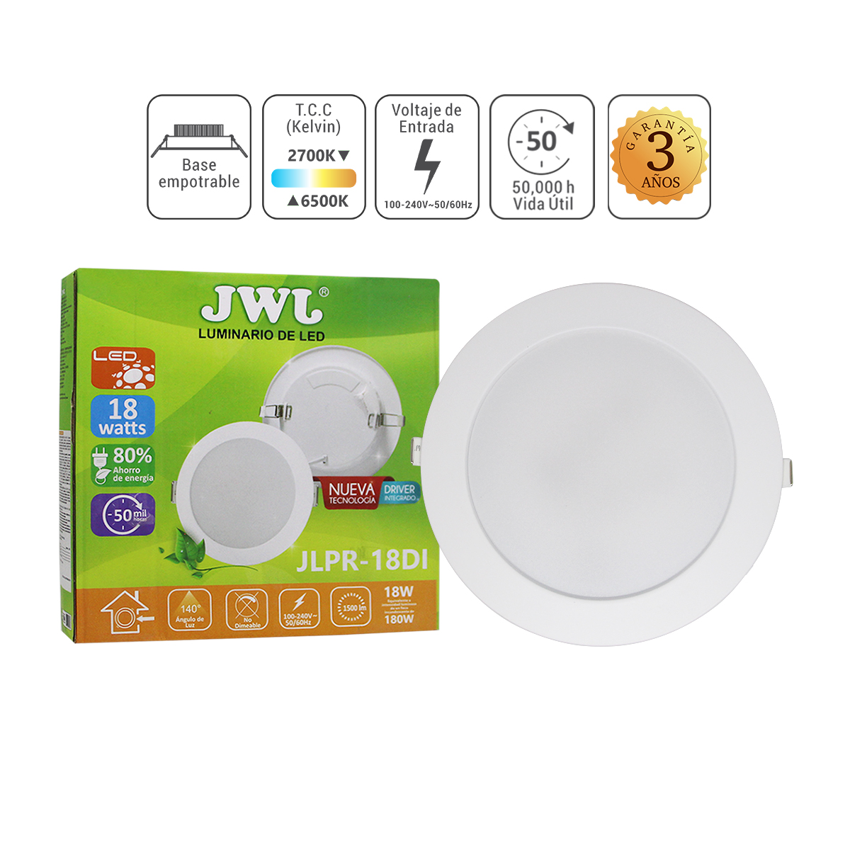 LAMPARA LED DE EMPOTRAR CON DRIVER INTEGRADO 18W LUZ BLANCA MARCA JWJ