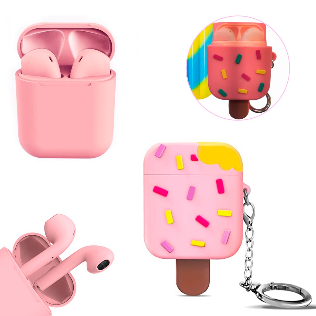 Audifonos Bluetooth Inalambrico i12 Android Mas Funda Case Protector Para Audifonos Color Rosa