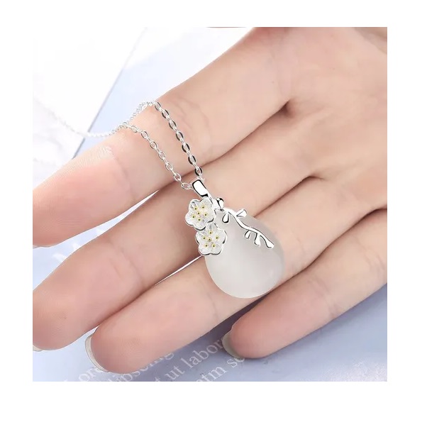 Collar Flores De Cerezo Plata 925 Gota Ópalo Blanco Regalo