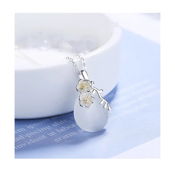 Collar Flores De Cerezo Plata 925 Gota Ópalo Blanco Regalo