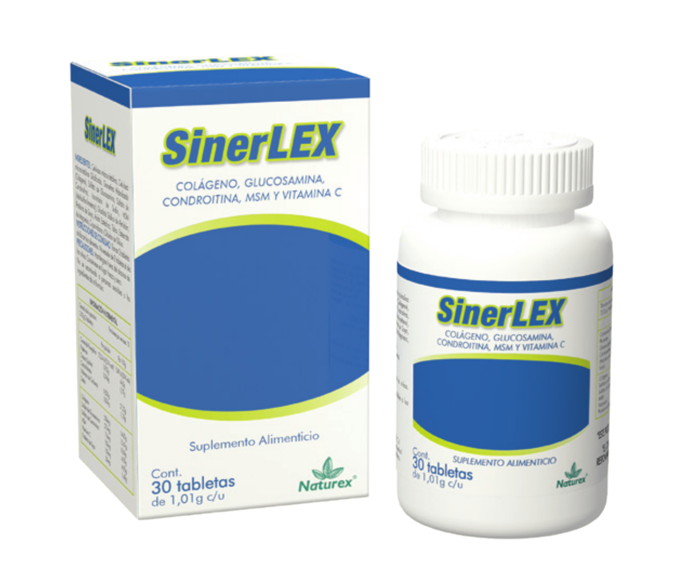 Sinerlex , Colageno, Glucosamina, Condroitina, MSM, Vitamina C, 2 Frascos 30 Tabletas, 1.01 g c/u, 60 Tabs en Total