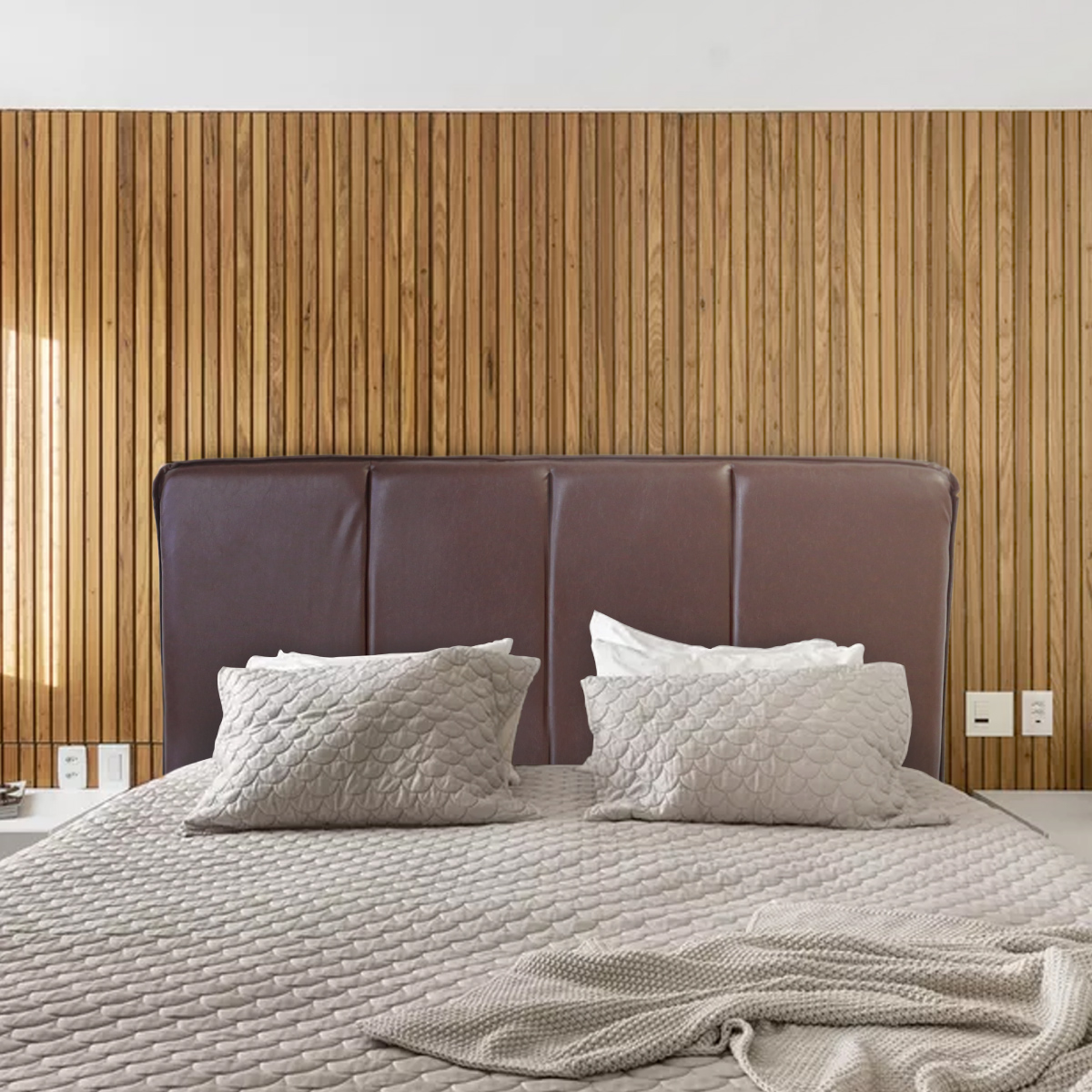 Cama matrimonial Milan Juego de cabecera y Base tapizada en vinipiel Cama Suave de Madera sólida