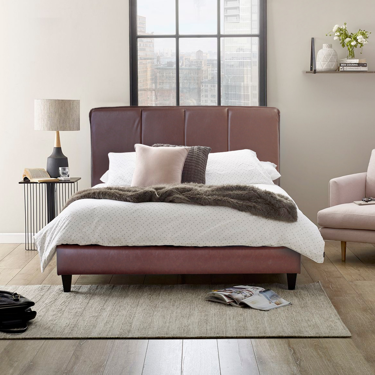 Cama matrimonial Milan Juego de cabecera y Base tapizada en vinipiel Cama Suave de Madera sólida