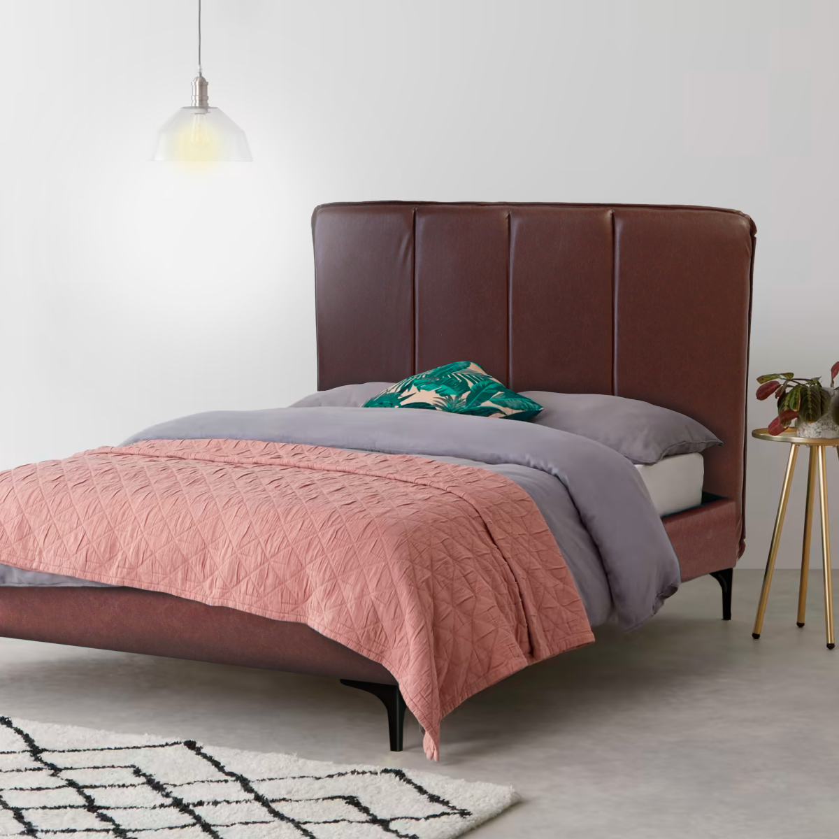 Cama matrimonial Milan Juego de cabecera y Base tapizada en vinipiel Cama Suave de Madera sólida