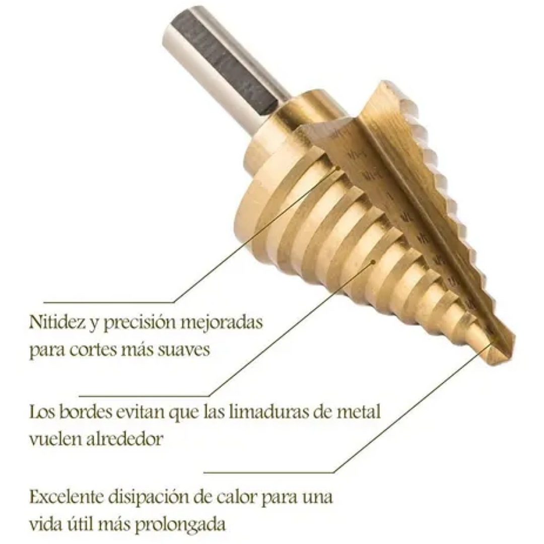 Broca escalonada de titanio de 9 tamaños, brocas escalonadas de acero de  alta velocidad de 1/4 a 3/4 pulgadas para perforación de agujeros, brocas  HSS