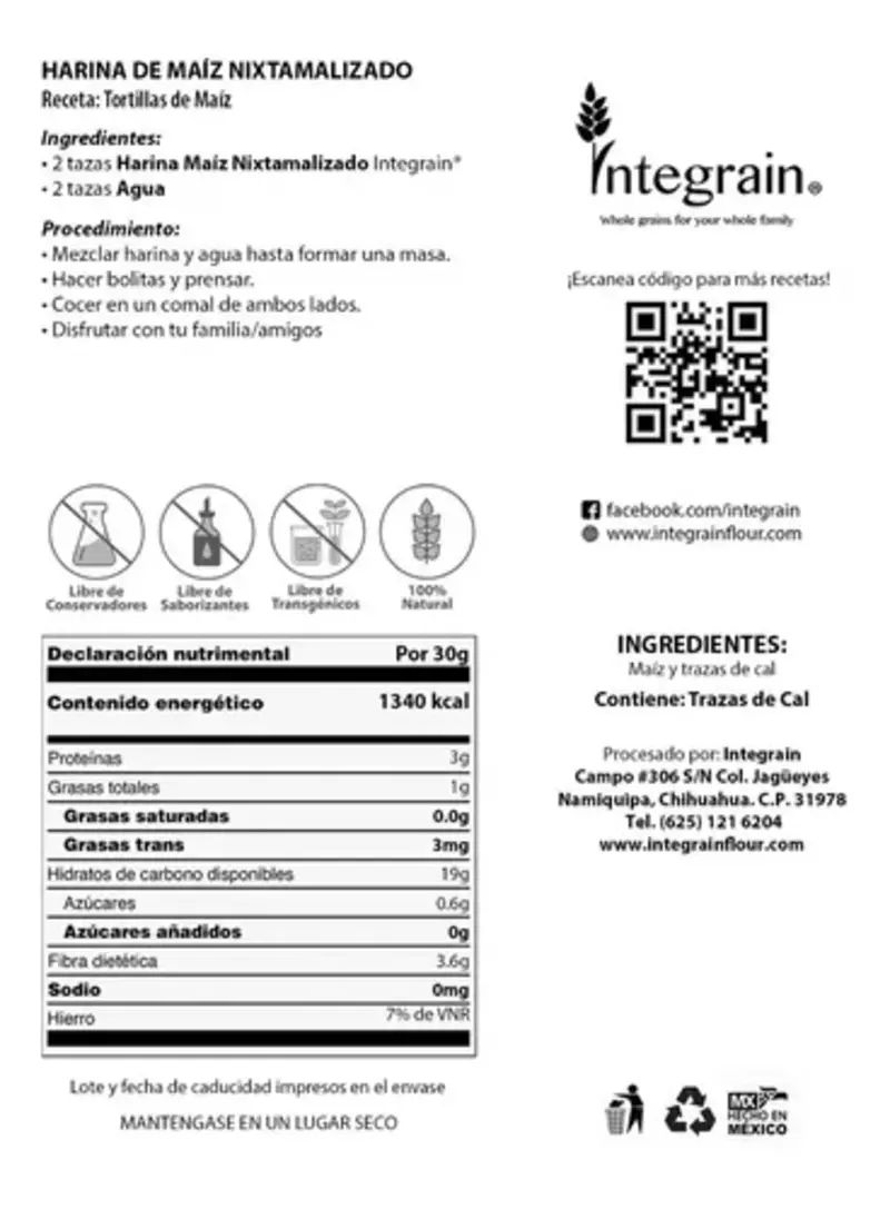 Harina De Maíz Nixtamalizado 830g Integrain Libre De Gluten