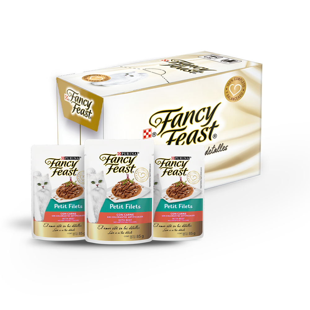 Caja de 12 sobres Fancy Feast Petit Filets Carne Alimento Húmedo para gatos adultos, pouch de 85g c/u.