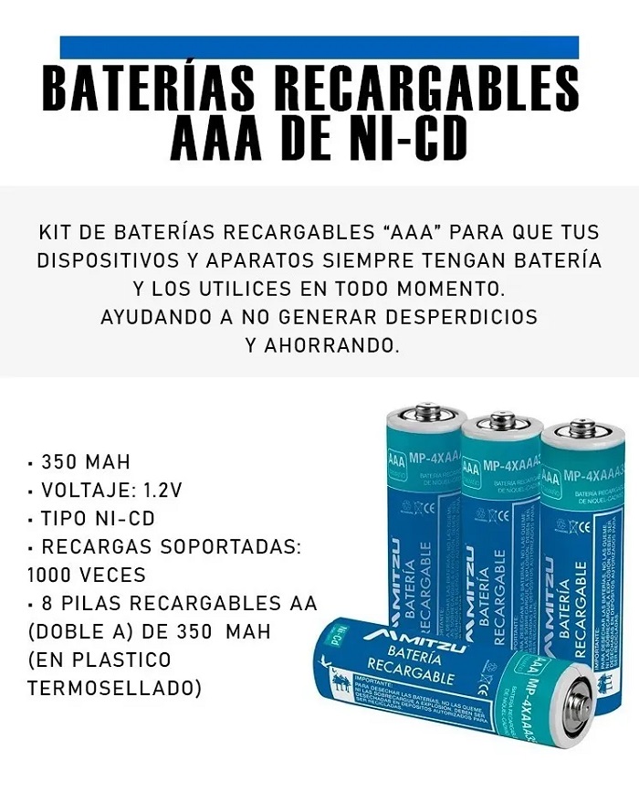 Paquete De 8 Baterias Recargables AAA NI-MH 1000 mAh 8 Pilas AAA Recargables