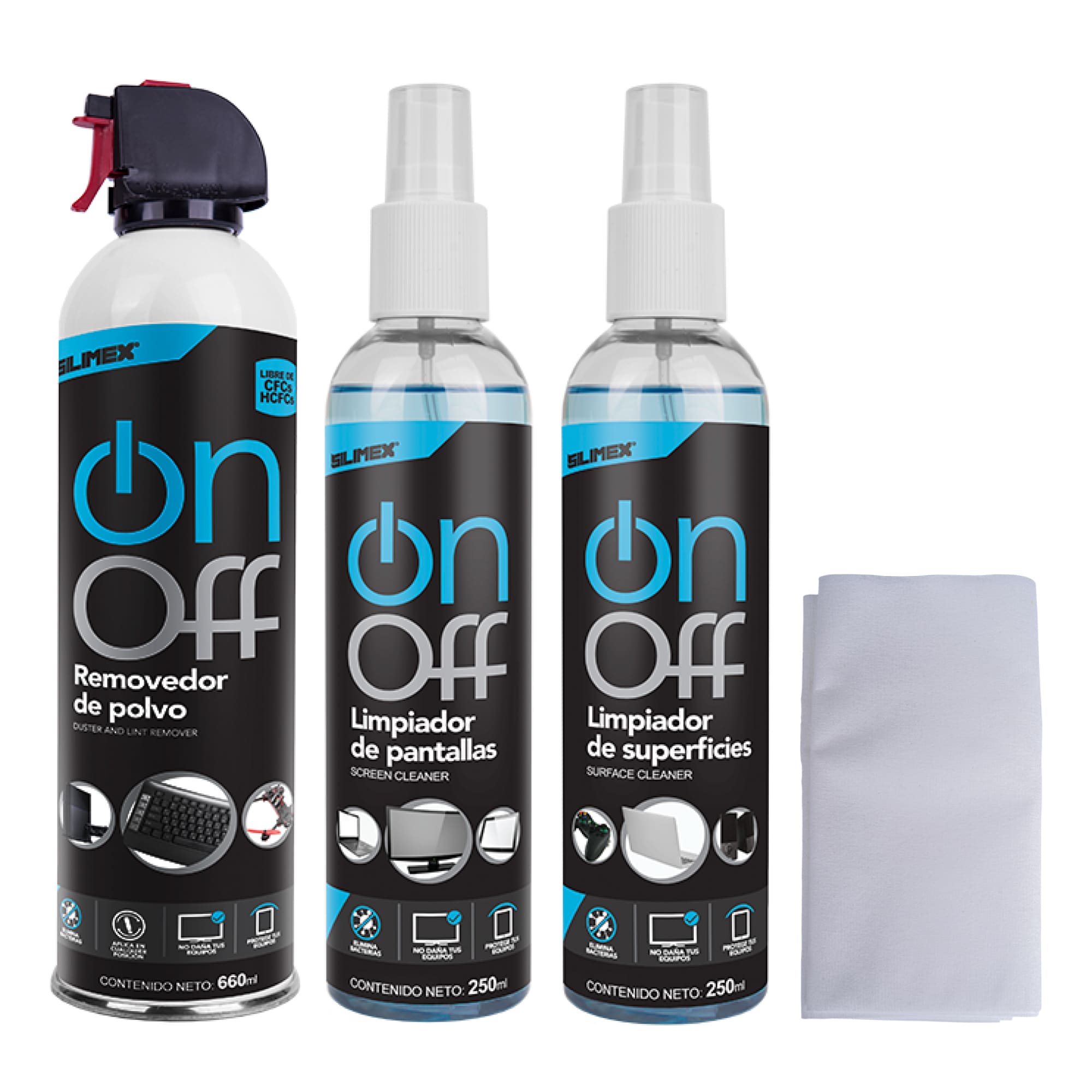 Kit para Limpieza, Silimex On Off Cleaner Kit, incluye Aire Comprimido, Loción, Limpiador de Pantallas y 2 Toallas secas