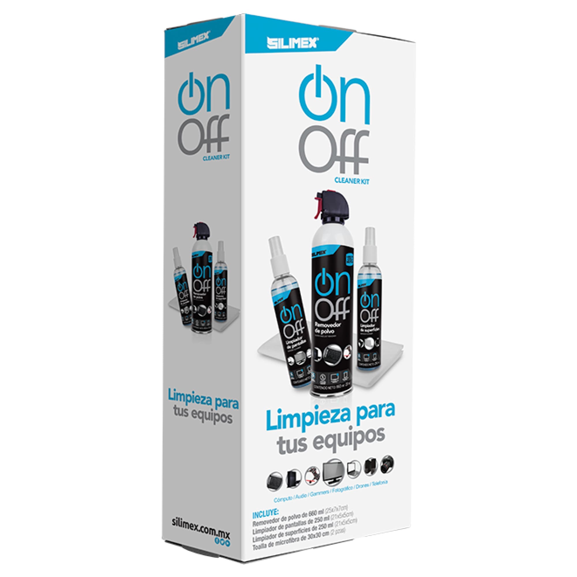 Kit para Limpieza, Silimex On Off Cleaner Kit, incluye Aire Comprimido, Loción, Limpiador de Pantallas y 2 Toallas secas