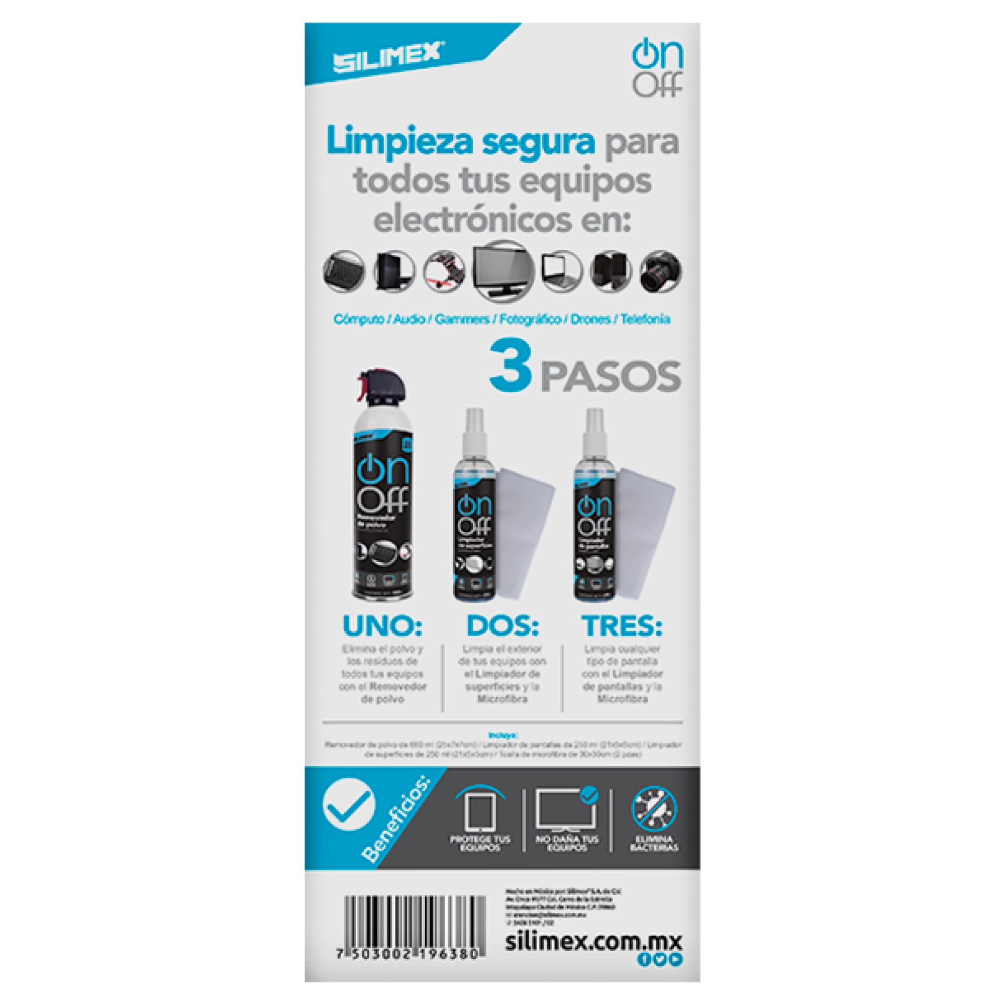 Kit para Limpieza, Silimex On Off Cleaner Kit, incluye Aire Comprimido, Loción, Limpiador de Pantallas y 2 Toallas secas