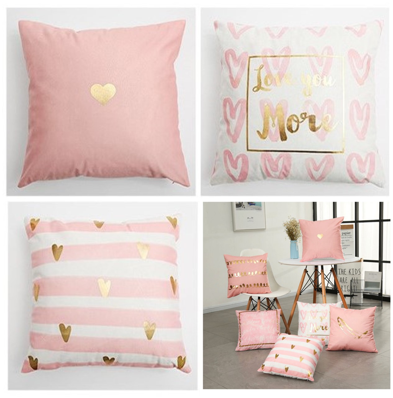 Juego 3 Fundas Cojines Decorativos Terciopelo Corazones Rosa