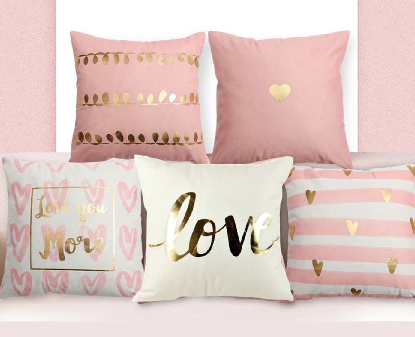 Juego 3 Fundas Cojines Decorativos Terciopelo Corazones Rosa