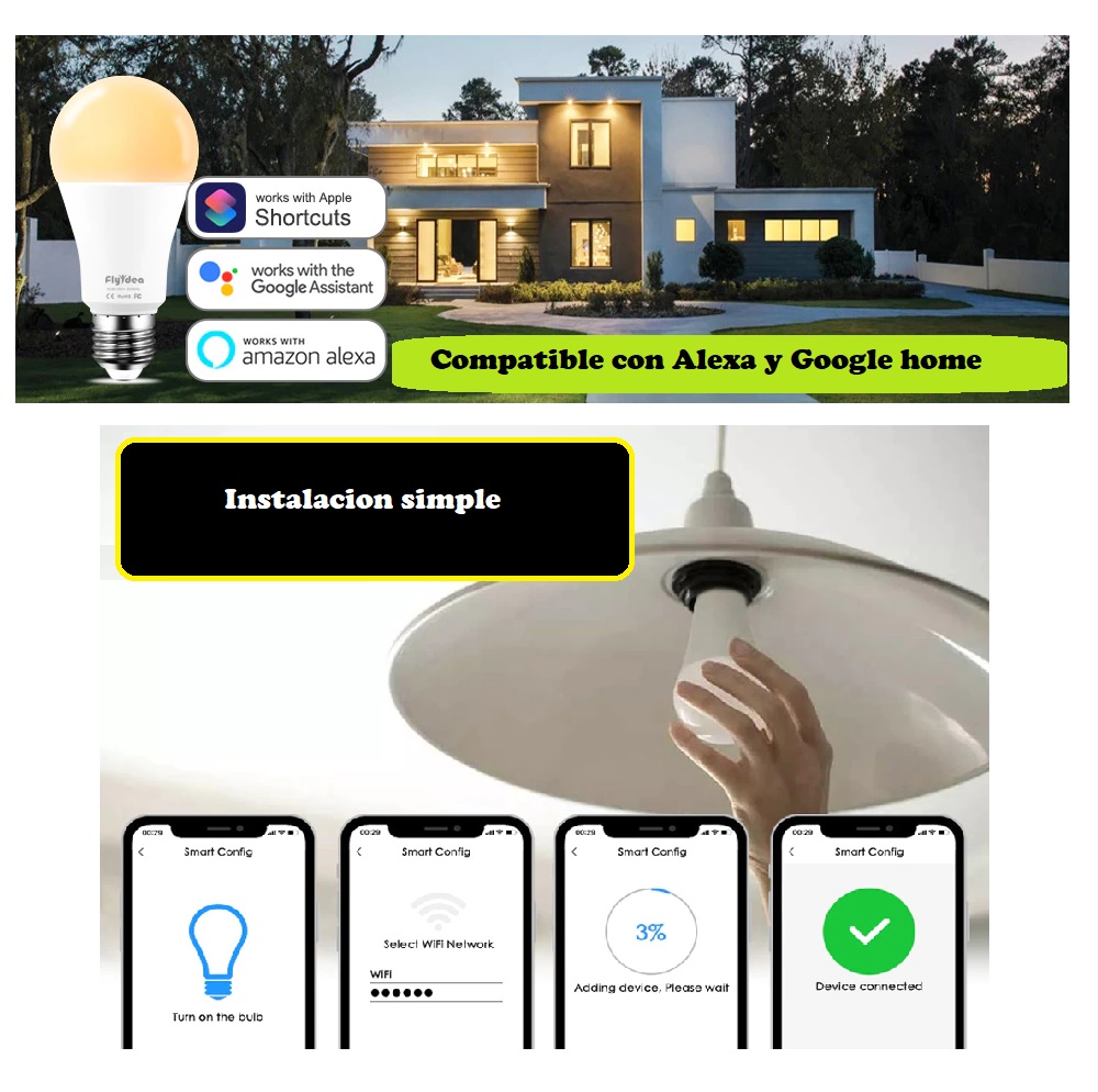 Bombilla inteligente luz blanco led WiFi foco asistente Google Home Alexa Siri Control por voz cel