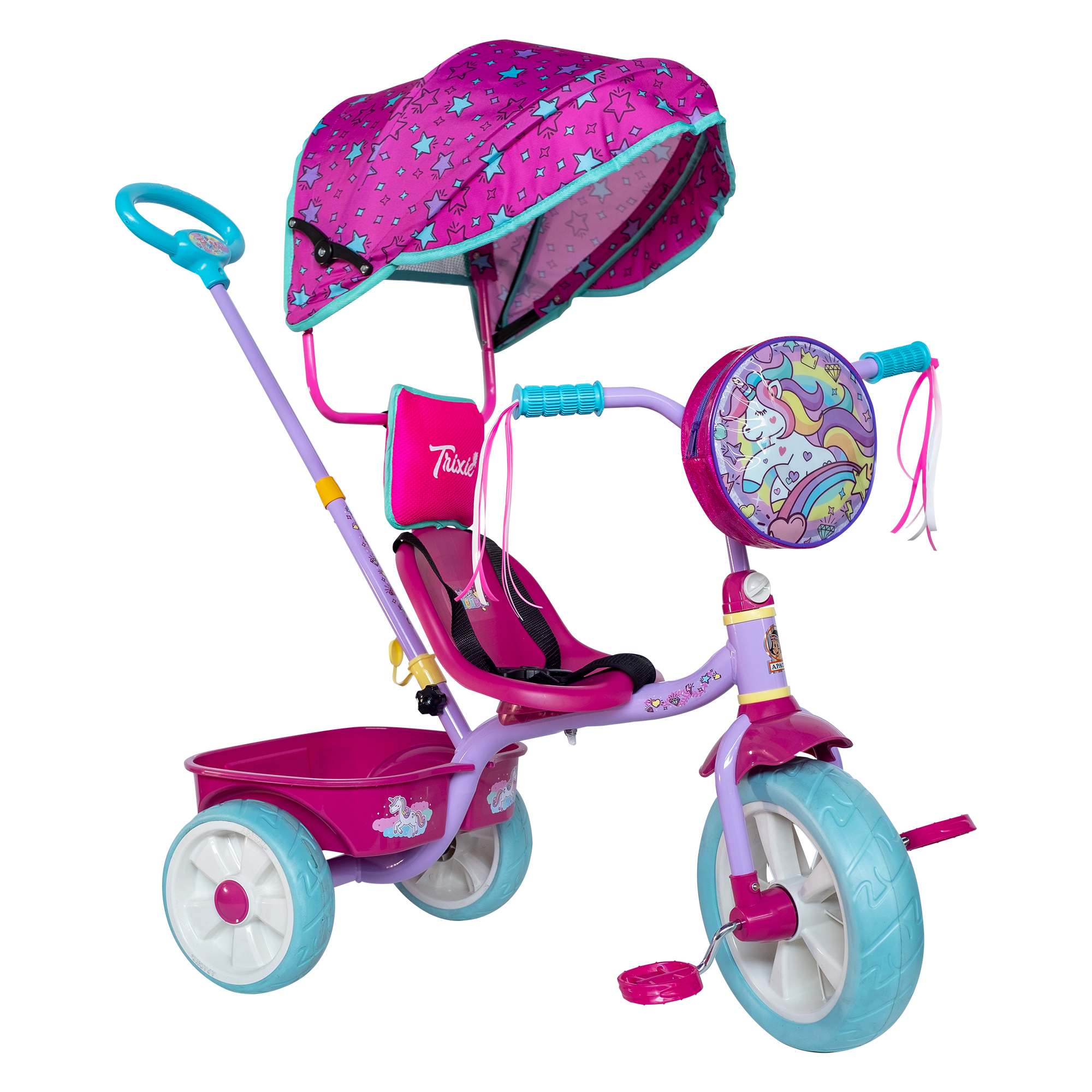 Triciclo Apache Trixie Unicornio con Toldo, Barra de Empuje y bolsa frontal colo rosa