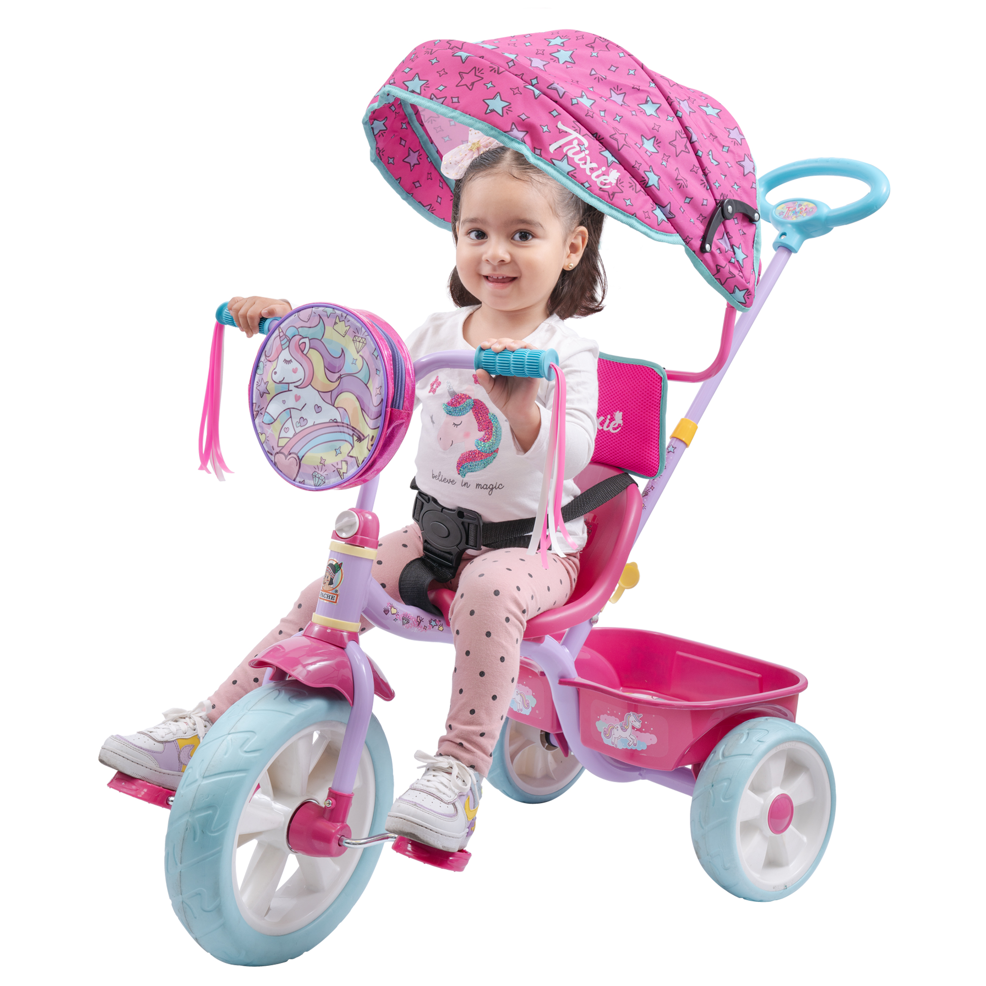 Triciclo Apache Trixie Unicornio con Toldo, Barra de Empuje y bolsa frontal colo rosa