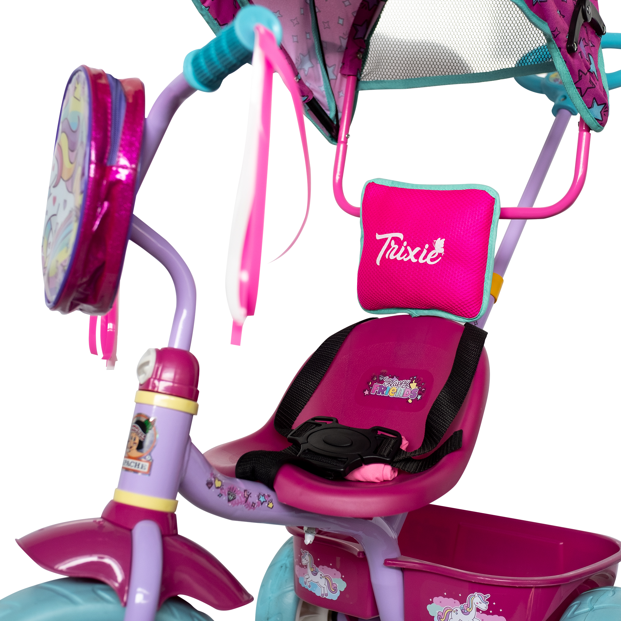 Triciclo Apache Trixie Unicornio con Toldo, Barra de Empuje y bolsa frontal colo rosa