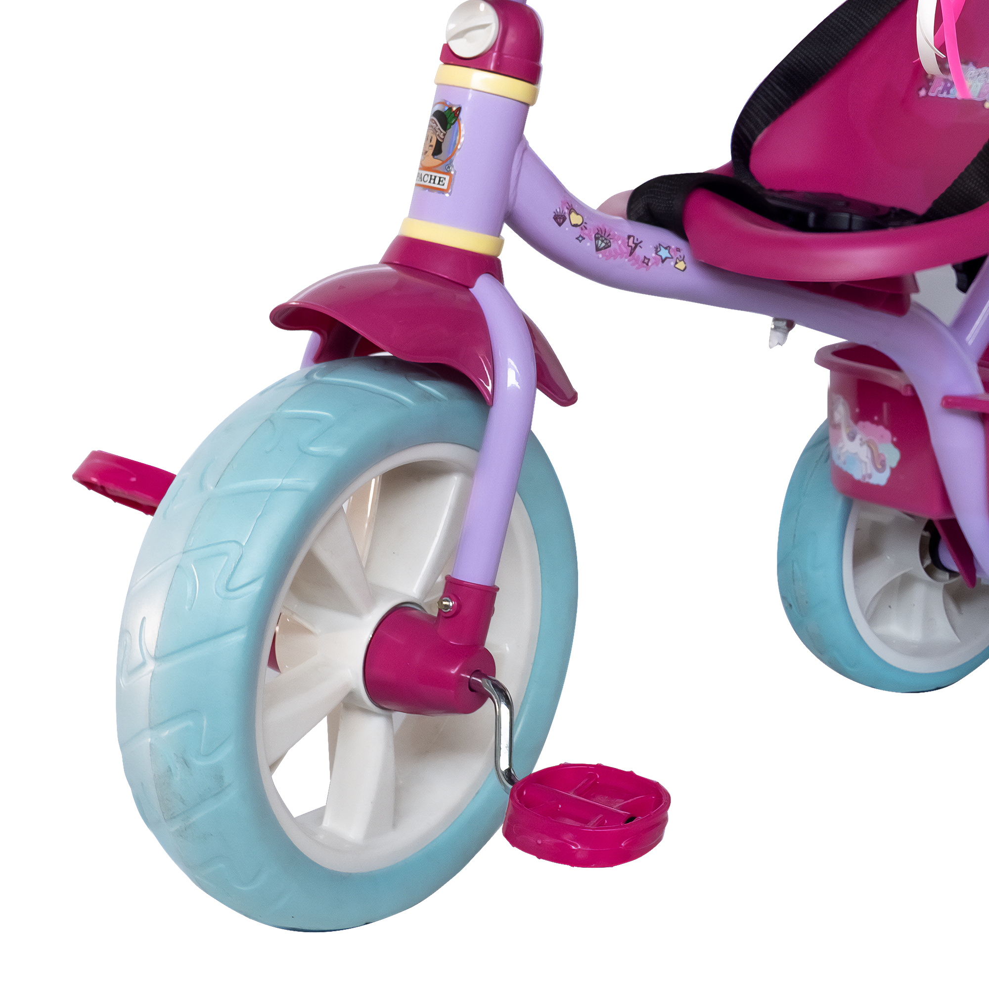 Triciclo Apache Trixie Unicornio con Toldo, Barra de Empuje y bolsa frontal colo rosa