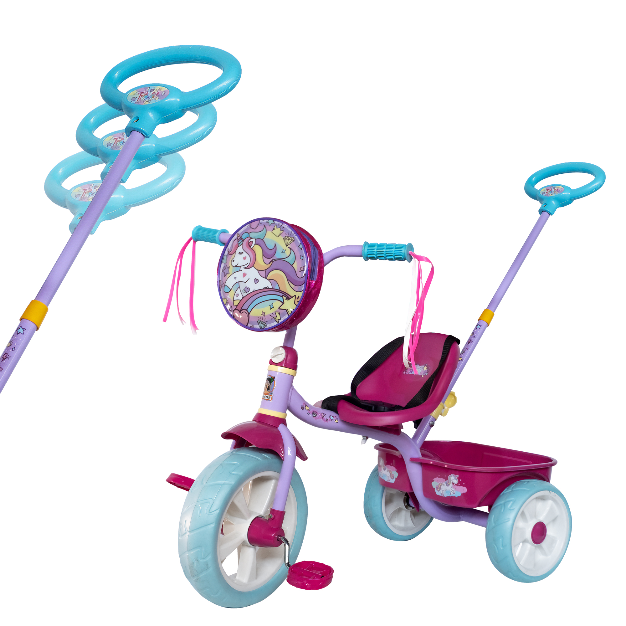 Triciclo Apache Trixie Unicornio con Toldo, Barra de Empuje y bolsa frontal colo rosa