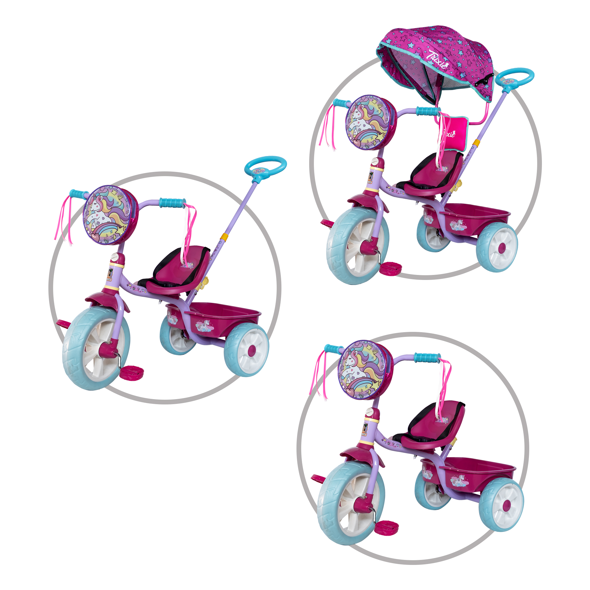 Triciclo Apache Trixie Unicornio con Toldo, Barra de Empuje y bolsa frontal colo rosa