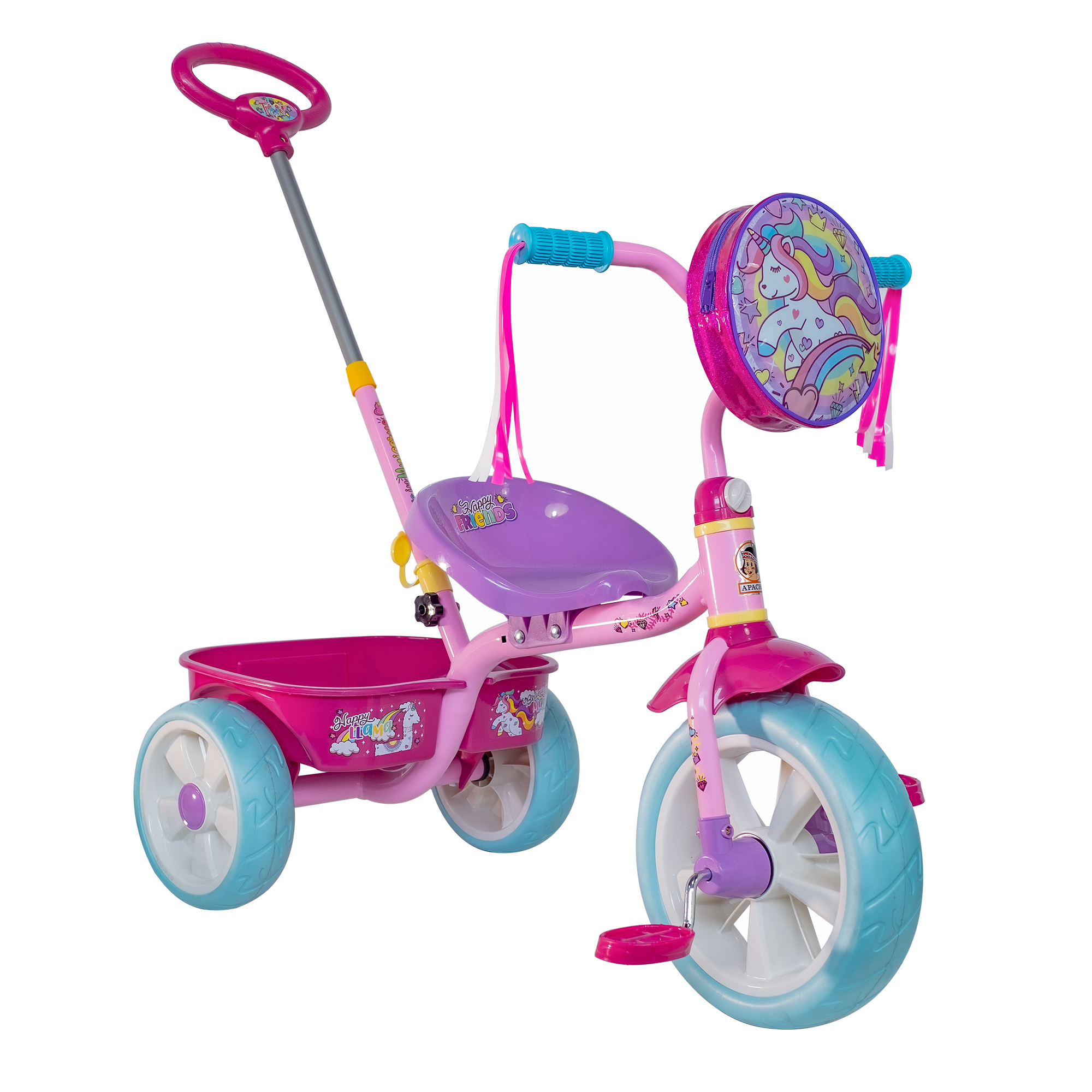 Triciclo Apache Trixie Unicornio con Barra de Empuje y Bolsa Frontal