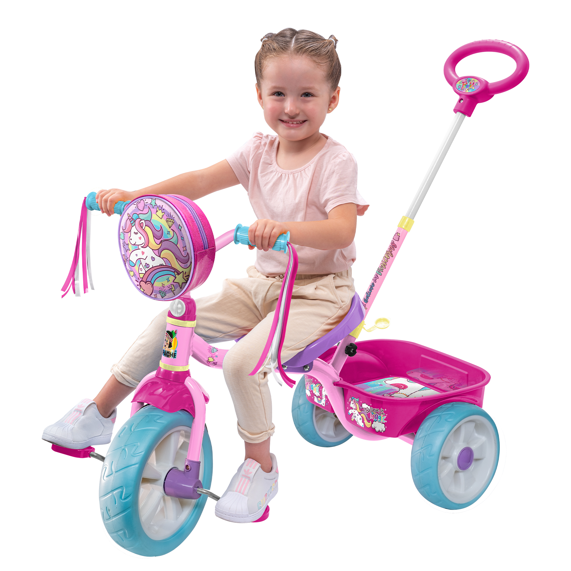 Triciclo Apache Trixie Unicornio con Barra de Empuje y Bolsa Frontal