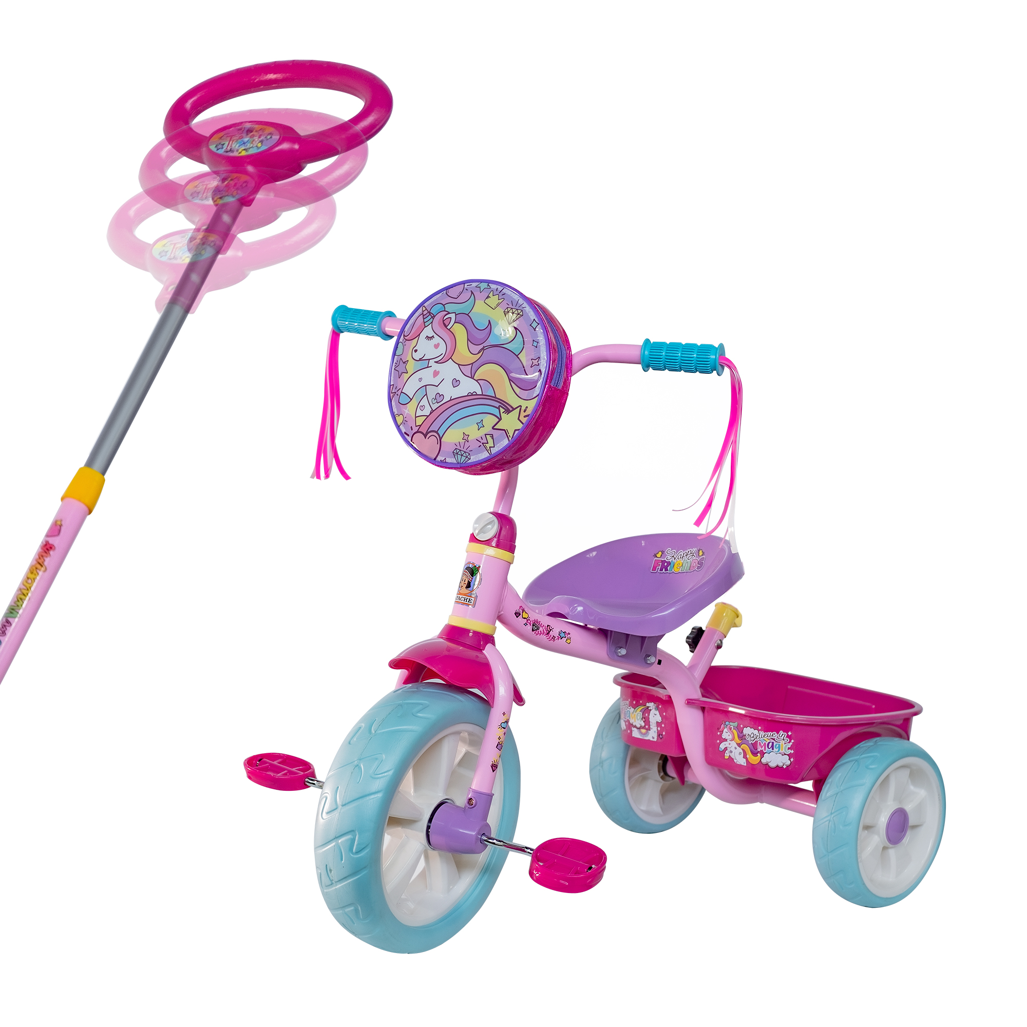 Triciclo Apache Trixie Unicornio con Barra de Empuje y Bolsa Frontal