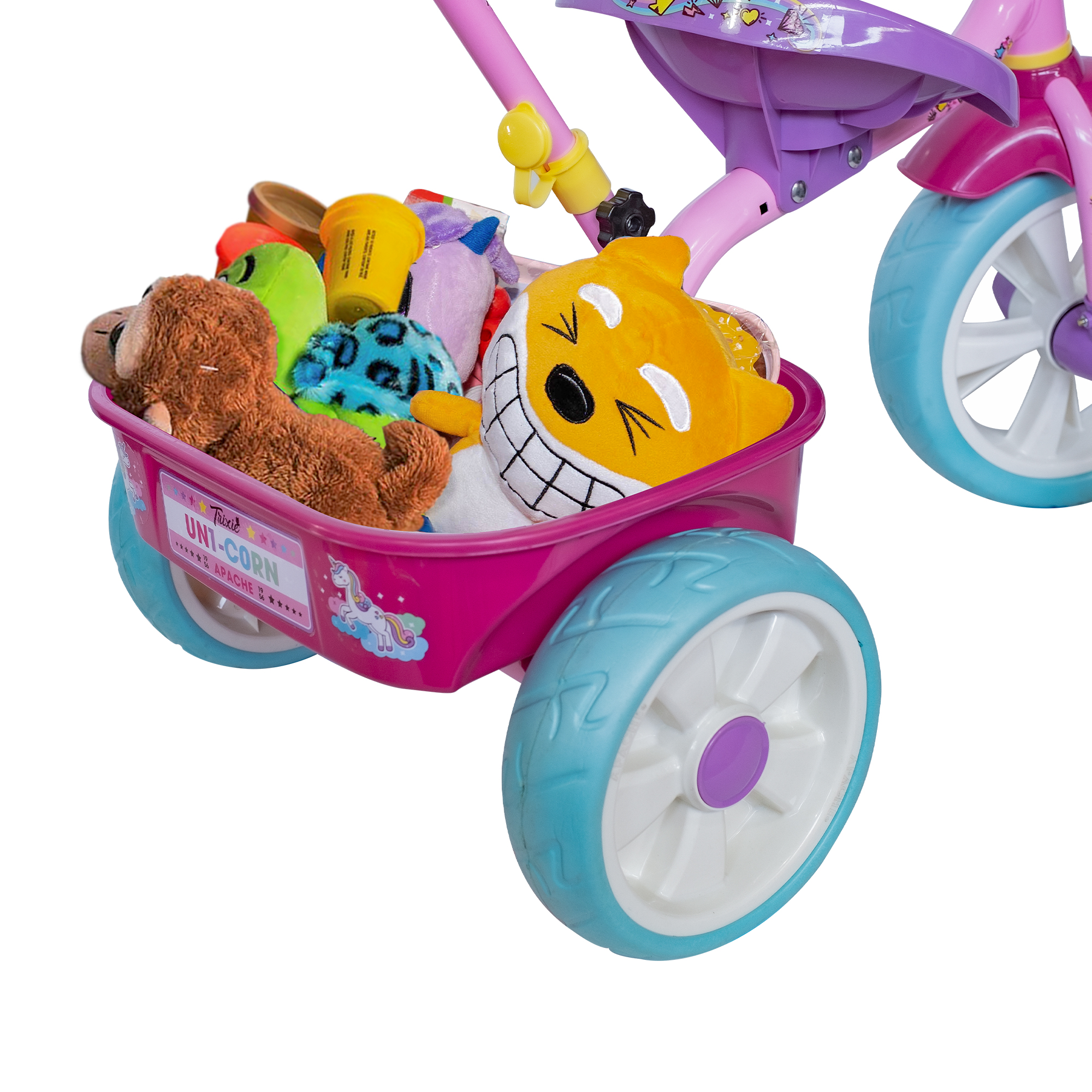 Triciclo Apache Trixie Unicornio con Barra de Empuje y Bolsa Frontal