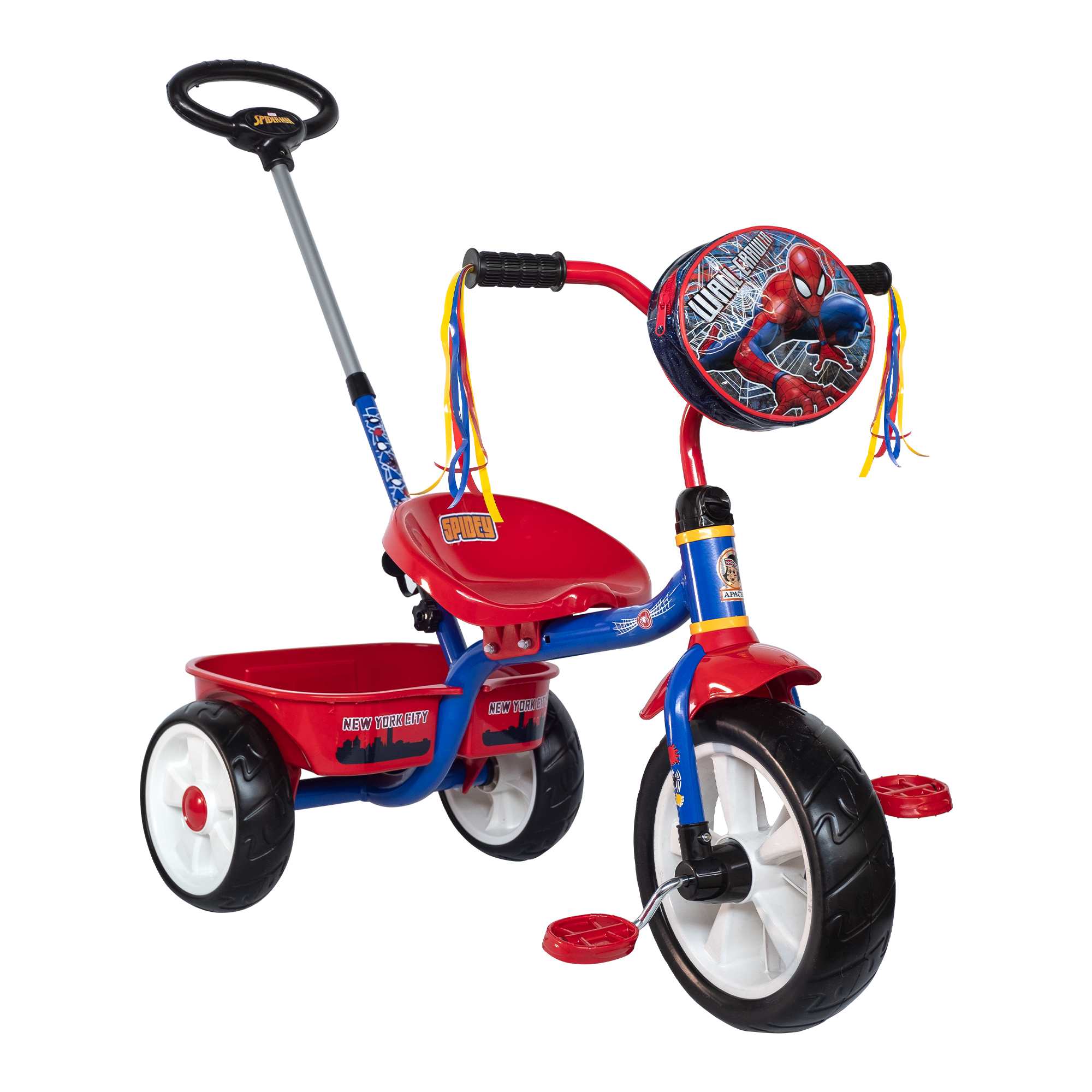 Triciclo Apache Spiderman Cajuela Barra Empuje y Bolsa