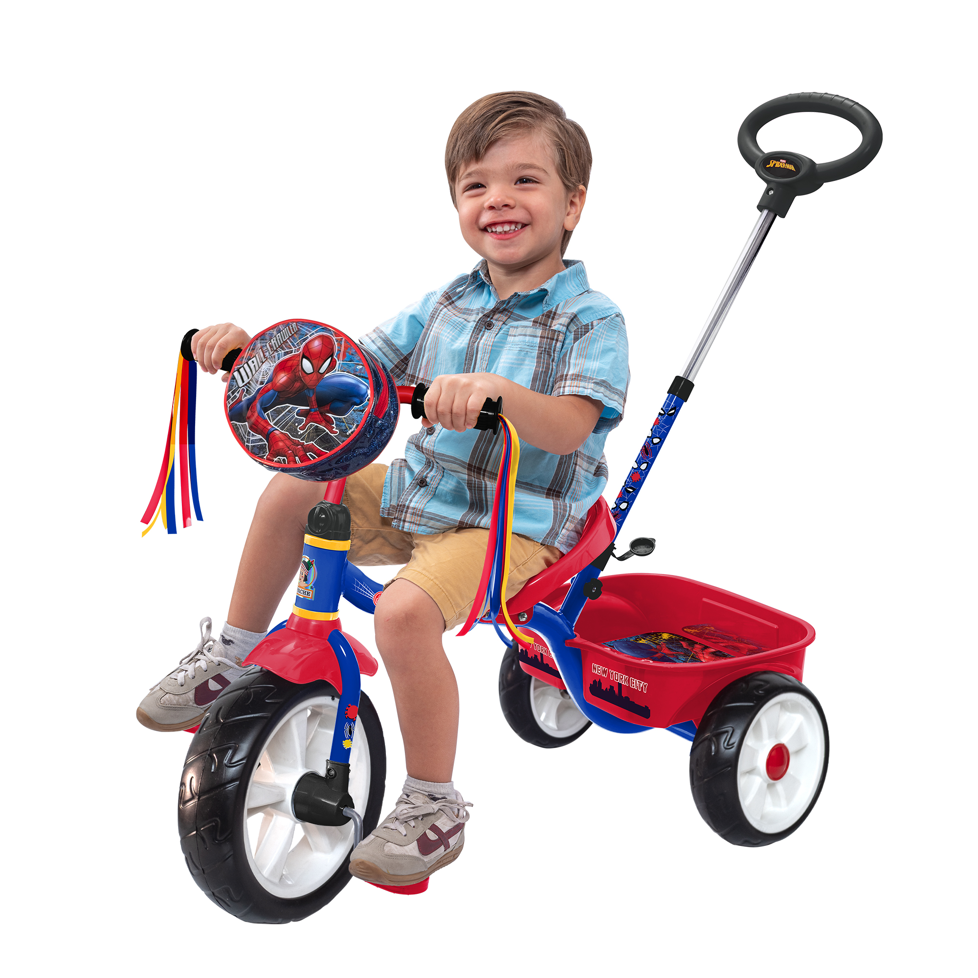 Triciclo Apache Spiderman Cajuela Barra Empuje y Bolsa