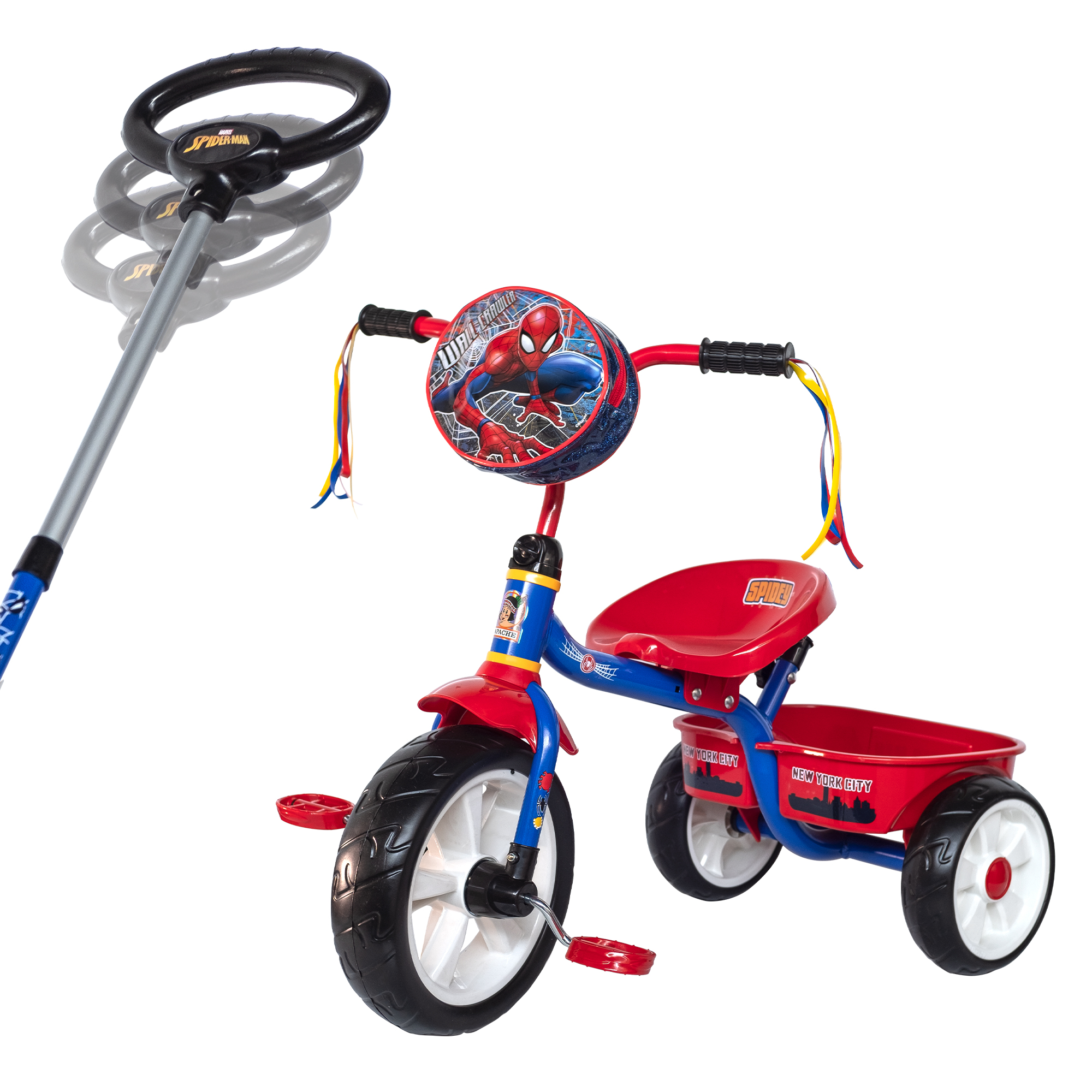 Triciclo Apache Spiderman Cajuela Barra Empuje y Bolsa