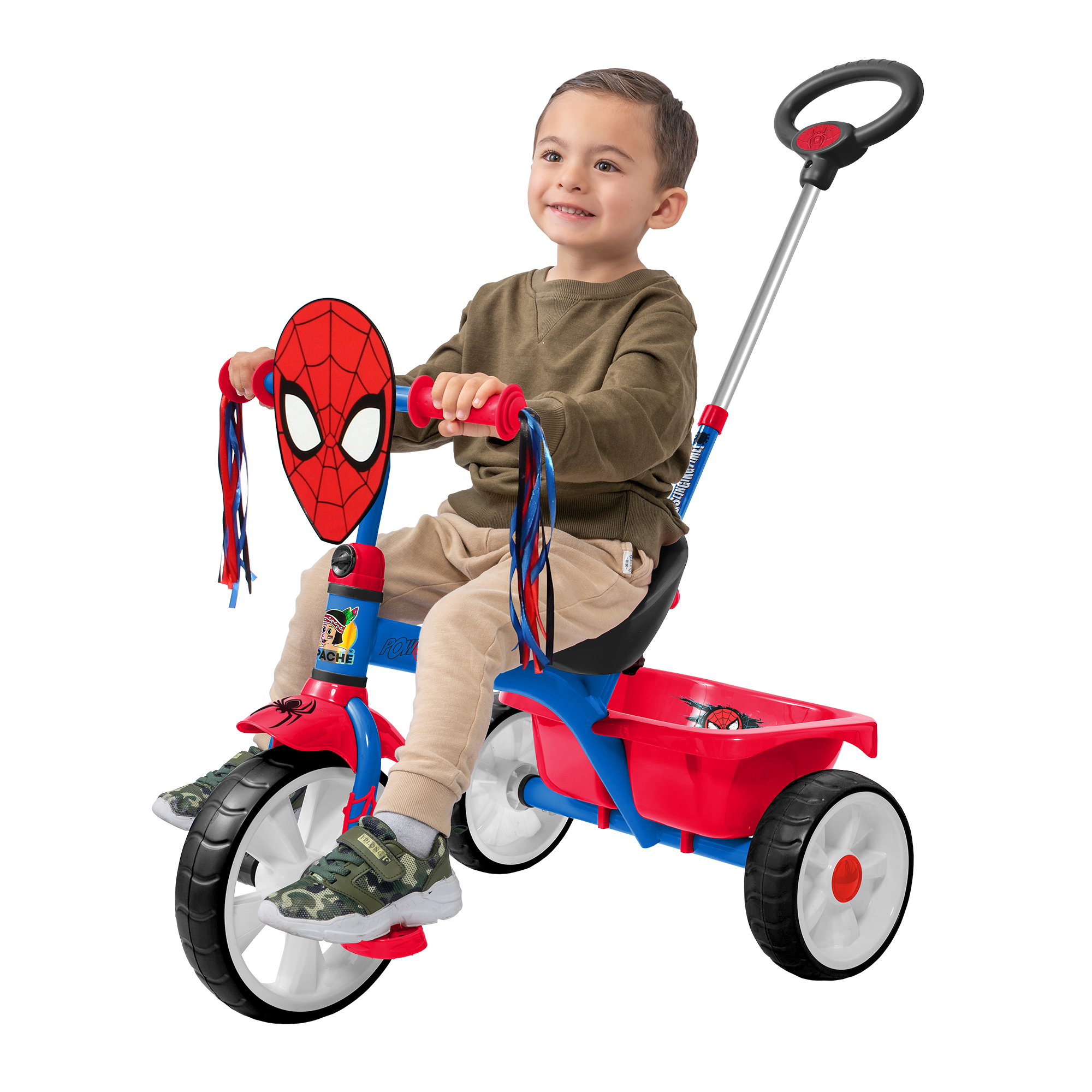 Triciclo Apache Spiderman Deluxe con Barra de Empuje cajuela