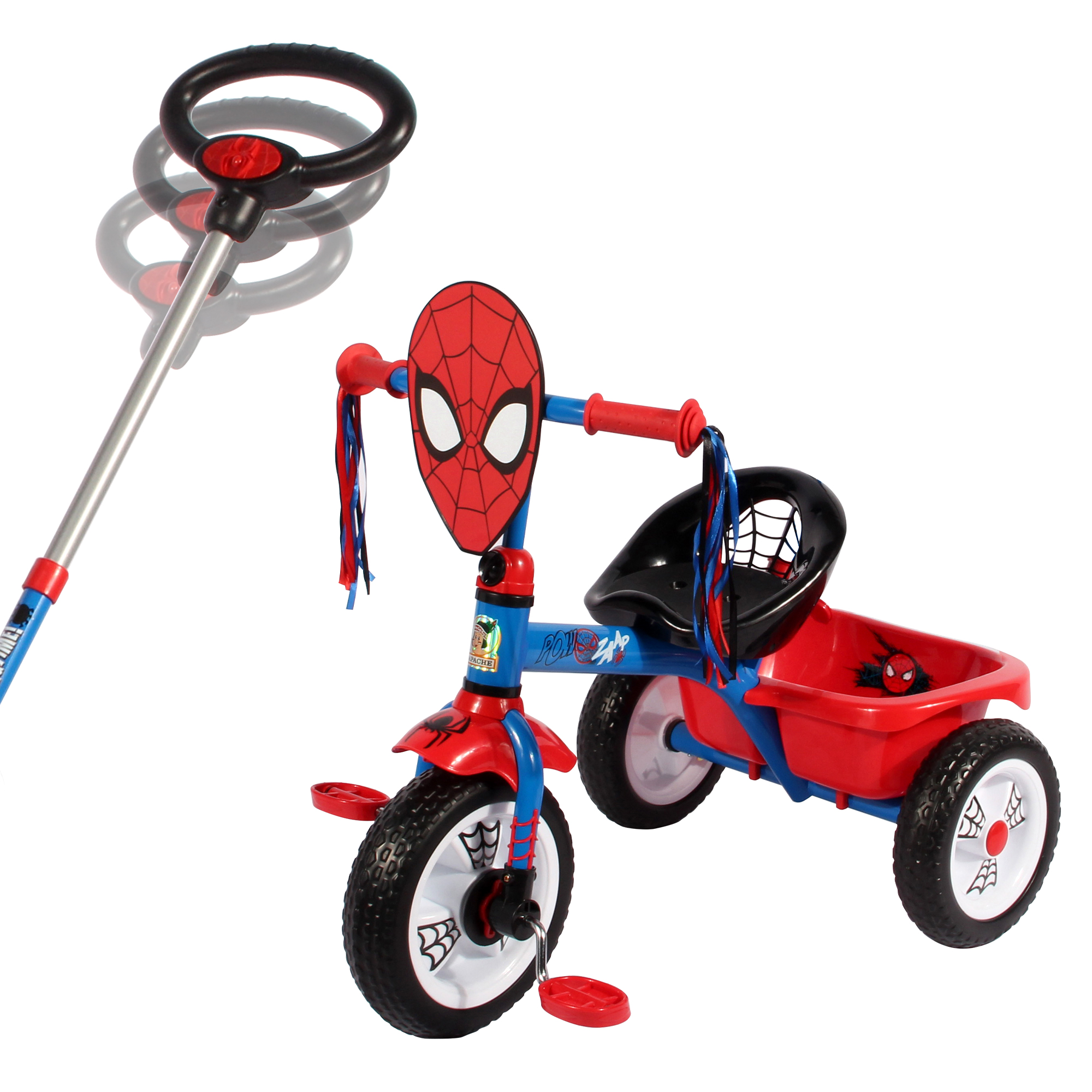 Triciclo Apache Spiderman Deluxe con Barra de Empuje cajuela