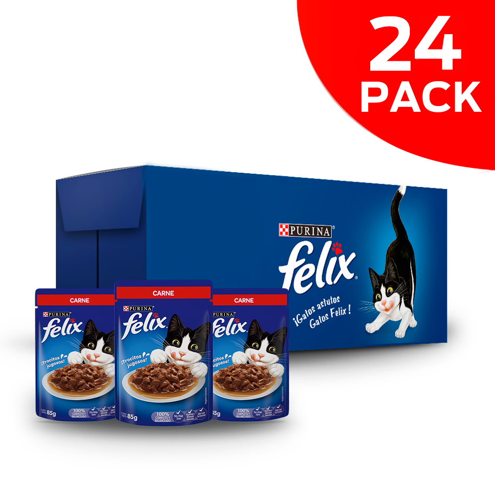 Caja de 24 sobres Felix Carne Alimento Húmedo para gatos adultos, pouch de 85g c/u.