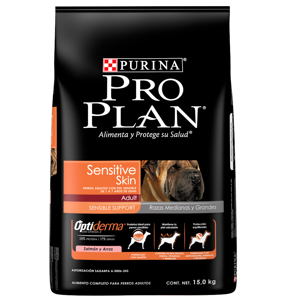 Pro Plan Sensitive Skin Adult Razas Medianas y Grandes con OptiDerma Alimento seco Carne de Salmón bulto de 15kg