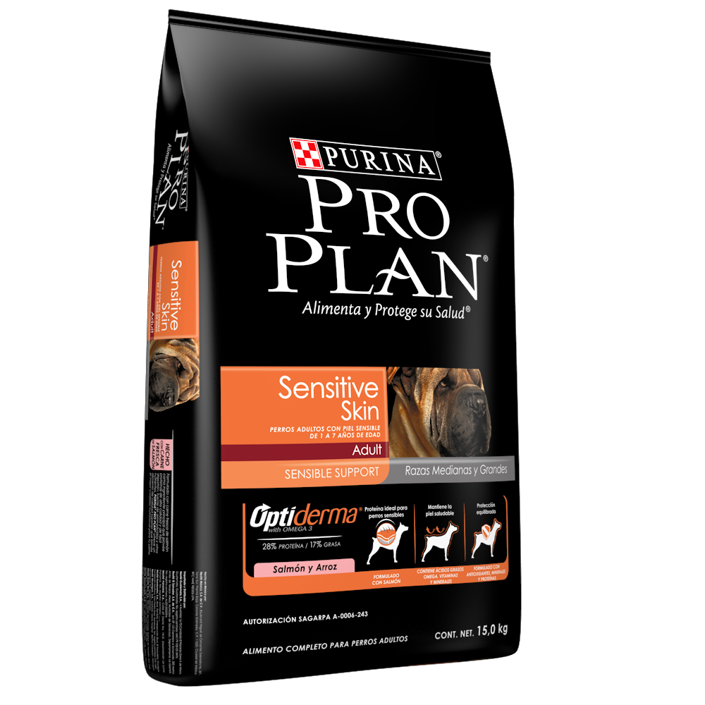 Pro Plan Sensitive Skin Adult Razas Medianas y Grandes con OptiDerma Alimento seco Carne de Salmón bulto de 15kg