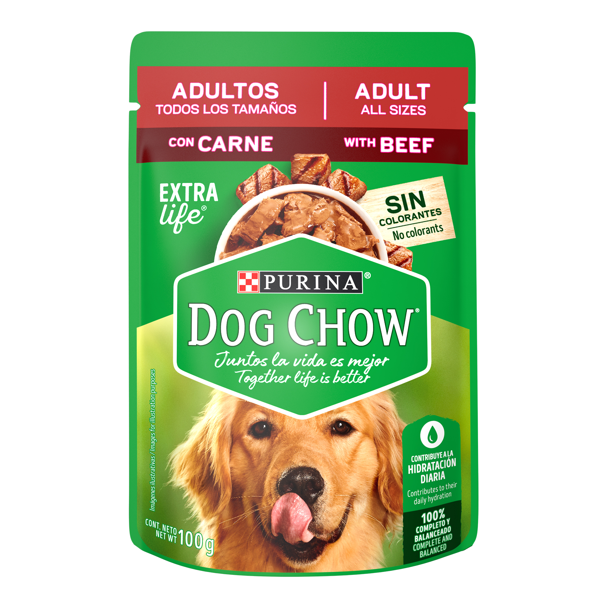 Caja de 20 sobres Dog Chow Carne Alimento Húmedo Adultos Todos Los Tamaños, Pouch de 100g c/u.