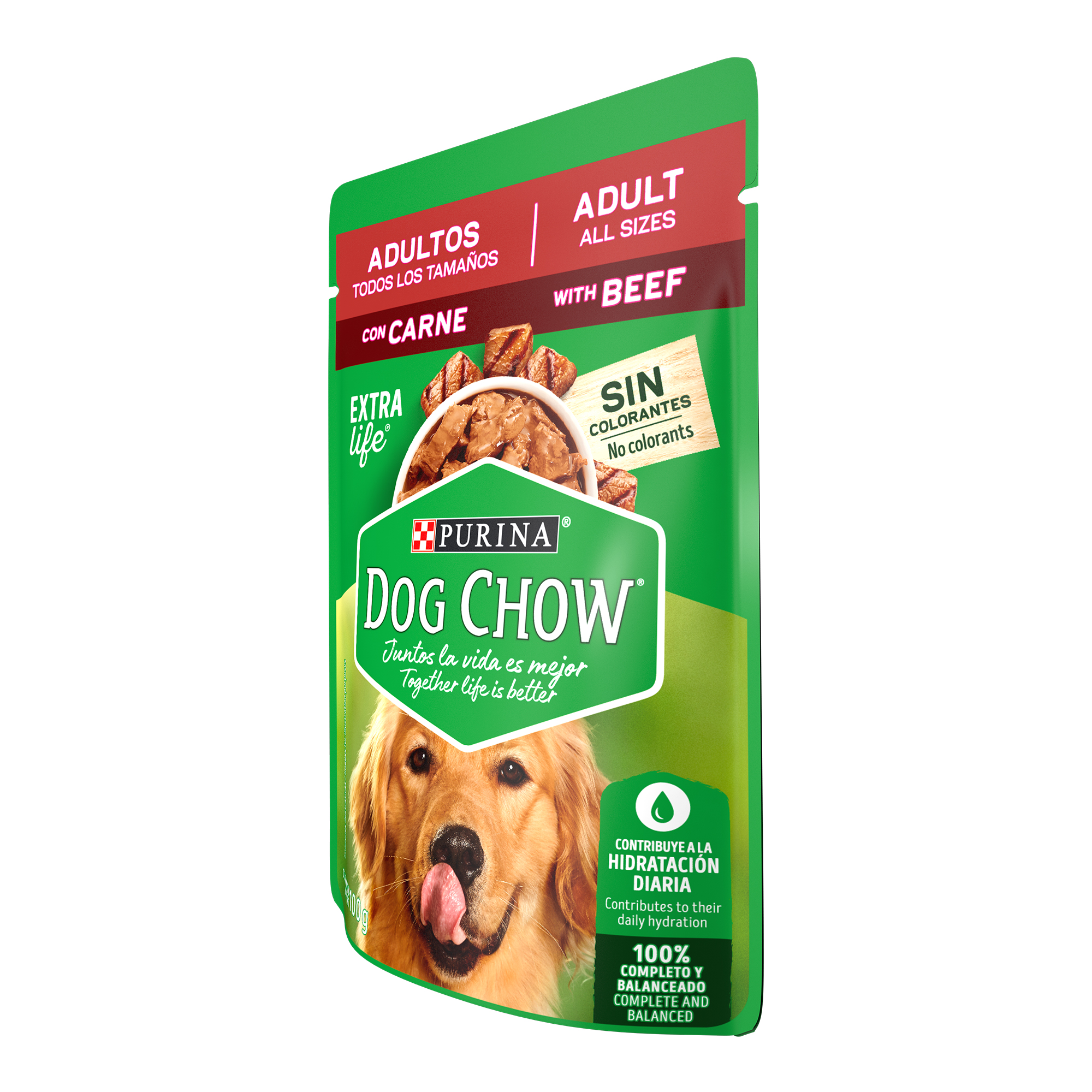 Caja de 20 sobres Dog Chow Carne Alimento Húmedo Adultos Todos Los Tamaños, Pouch de 100g c/u.