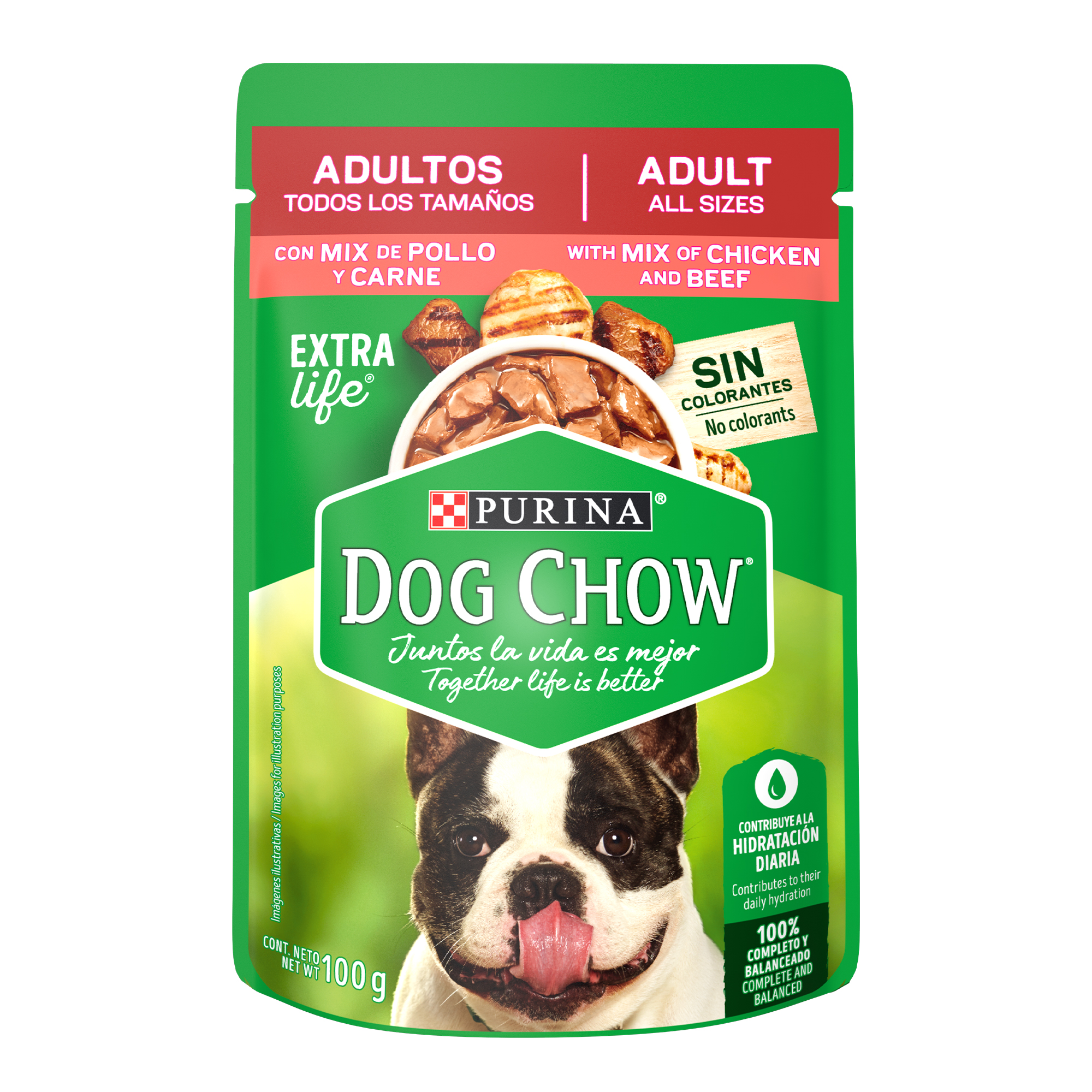 Caja de 20 sobres Dog Chow Mix de Pollo y Carne Alimento húmedo Adultos todos los tamaños, pouch de 100g c/u.