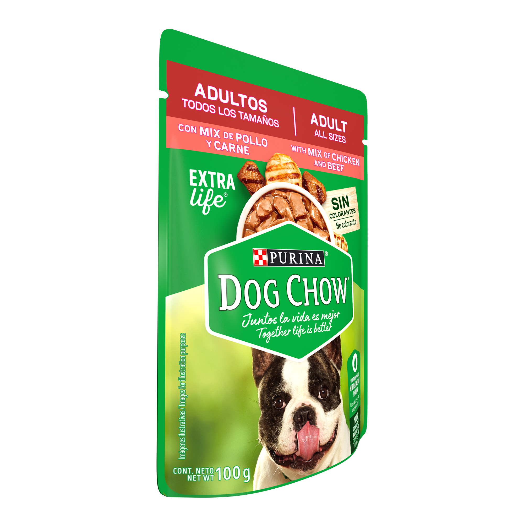 Caja de 20 sobres Dog Chow Mix de Pollo y Carne Alimento húmedo Adultos todos los tamaños, pouch de 100g c/u.