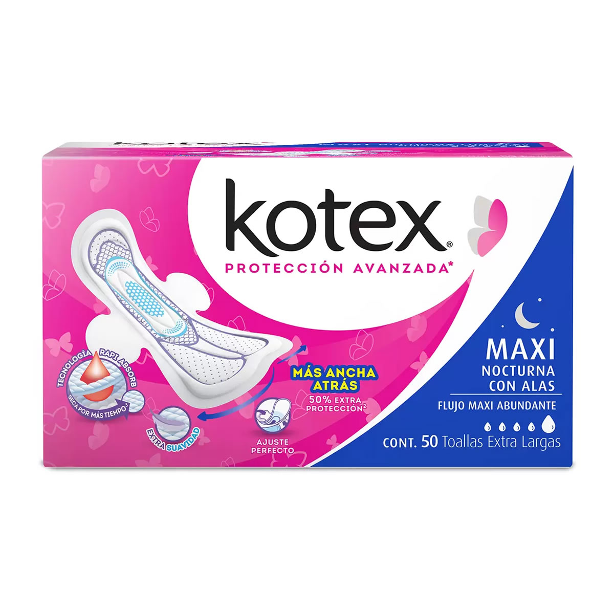 Toallas Femeninas Kotex Maxi Nocturnas 634332 Contenido 50 Piezas CST