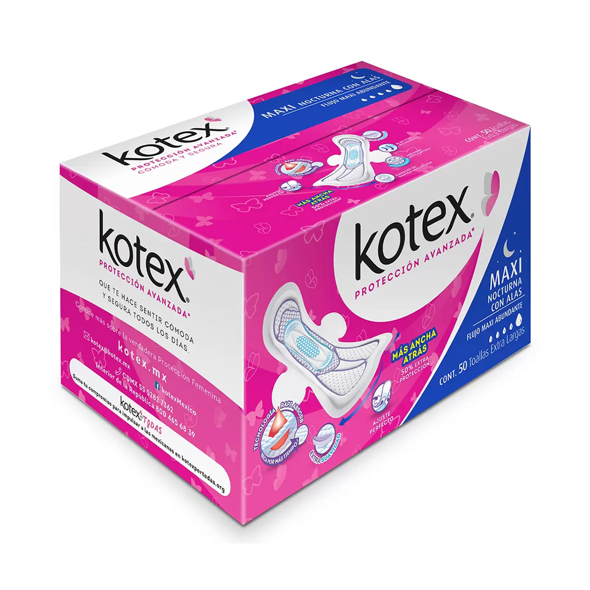 Toallas Femeninas Kotex Maxi Nocturnas 634332 Contenido 50 Piezas CST